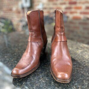 FRYE Romy Ring Brown Leather Harness Heeled Westerns Ankle Boots Size 6.5B